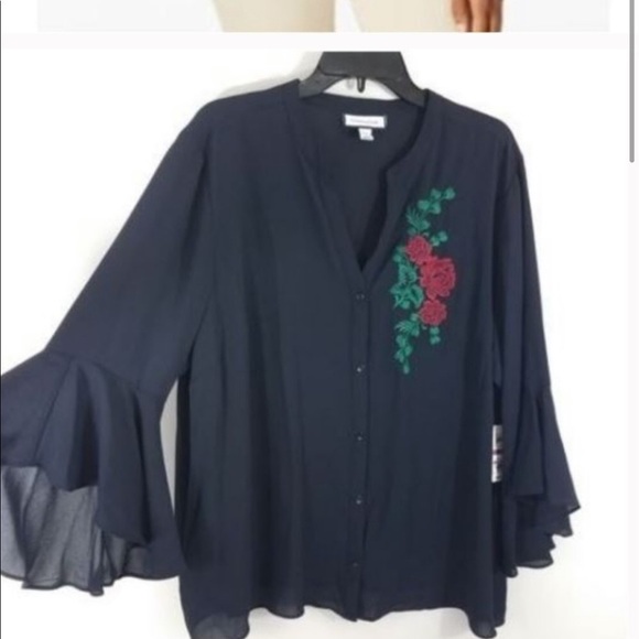 Charter Club  size XXL  black button down blouse with rose appliqué, bell sleeve - Picture 2 of 5